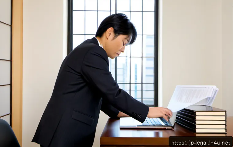 법률 자문가 경력 관리 - Photorealistic Japanese legal advisor in a tailored business suit reviewing a well-organized career ...