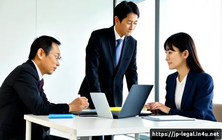 법률 자문가의 팀워크 관리 - Photorealistic modern Japanese legal advisory team in a bright Tokyo-style office, diverse adult pro...