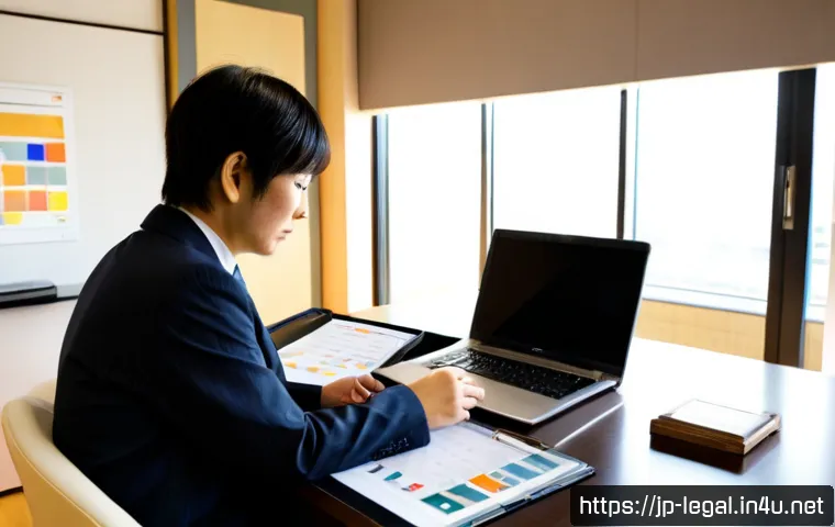 법률 자문가의 업무 성과 평가 - Photorealistic Japanese legal consultant in a modern Tokyo office, thoughtfully reviewing a client c...