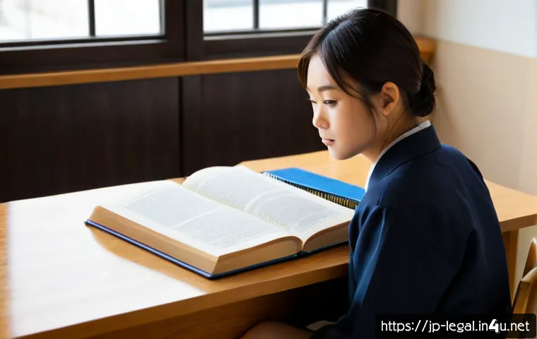 법률 이론 공부법 - Photorealistic Japanese university student studying legal theory at a tidy wooden desk, open law tex...