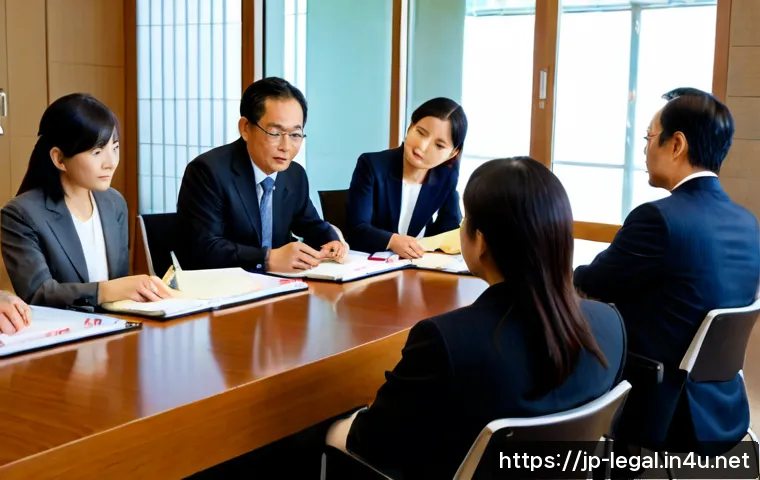 법률자문가를 위한 워크숍 - Photorealistic legal advisory workshop in a modern Tokyo conference room, diverse Japanese legal pro...