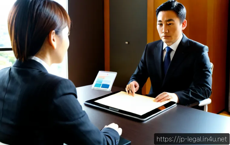 법률 자문가의 효율적인 의뢰자 관리 - Photorealistic Japanese legal advisor in a tailored business suit meeting a client in a calm modern ...