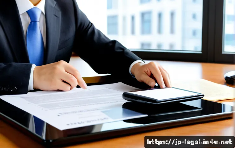 법률 자문가의 법률 검토 방법 - Photorealistic Japanese legal advisor in a tailored business suit carefully reviewing an organized s...